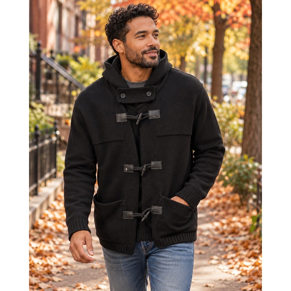 Lacoste Duffle Cardigan Mens 5 Large Black Excellent Toggle Hooded Wool Sweater
